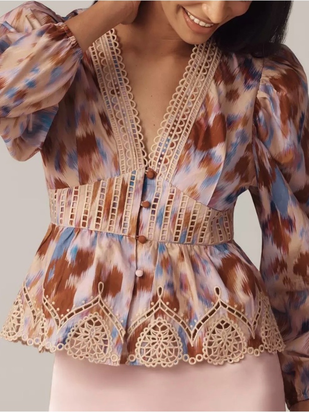 NWT FARM Rio for Anthropologie Blue, Brown & Lilic Lace-Trim Peplum Blouse